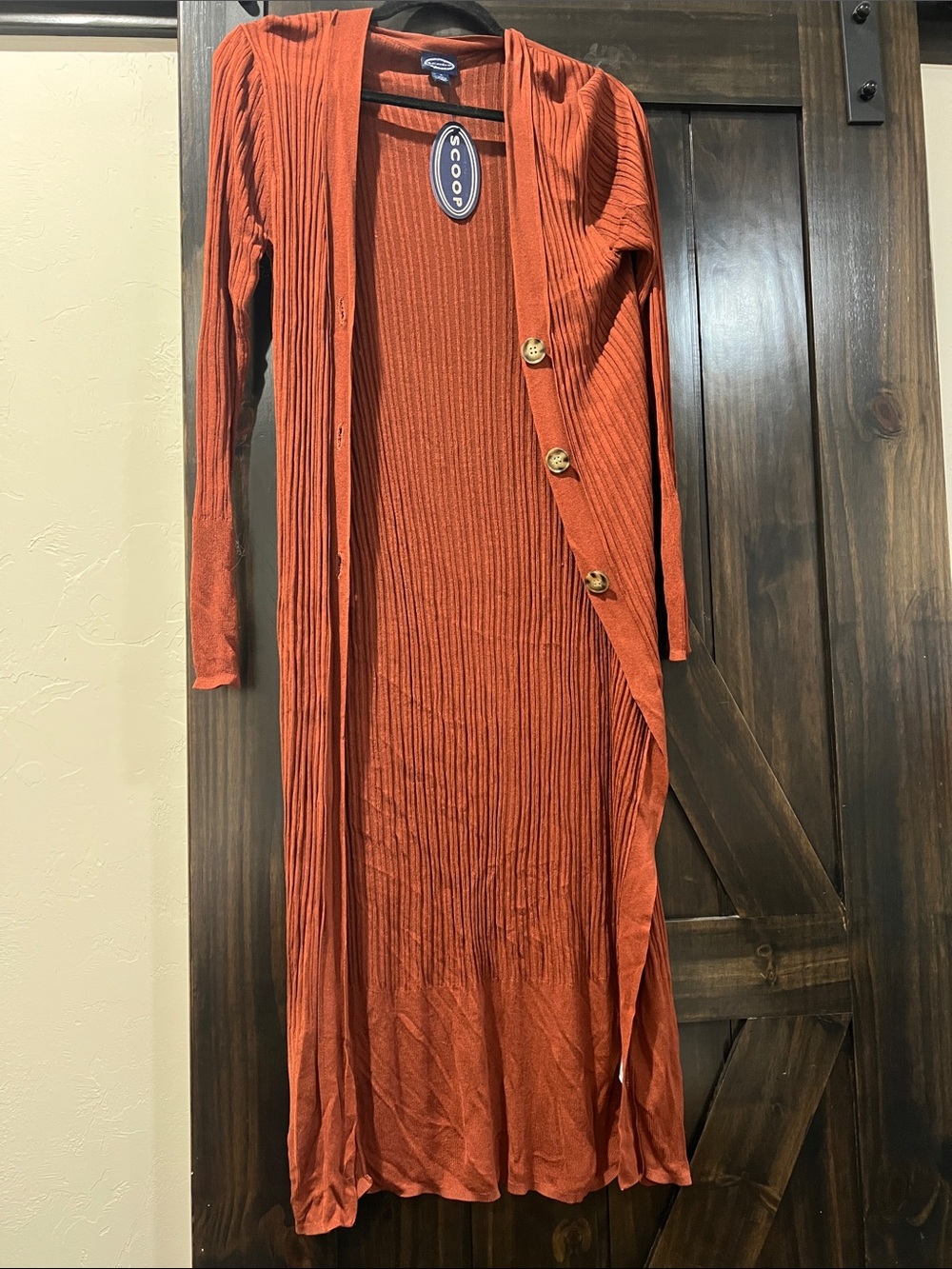 Long Ribbed Button-Front Maxi Cardigan in Rust